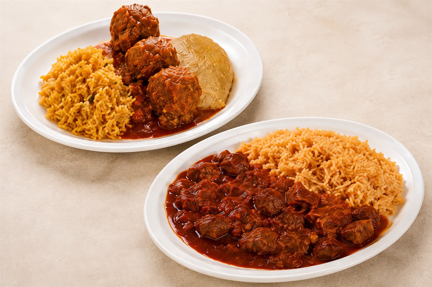 Platos de albóndigas y asado de puerco con arroz
